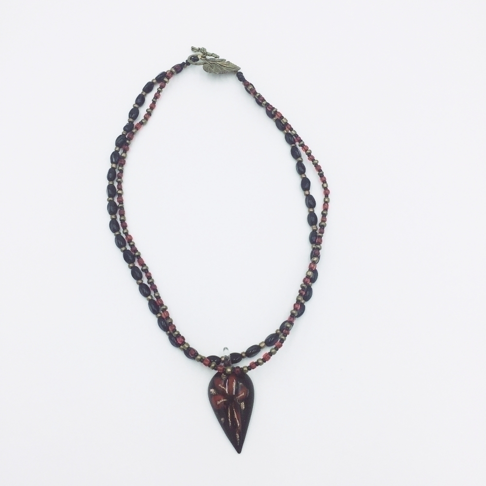 Handpainted Pointed Pendant Beaded Necklace Red